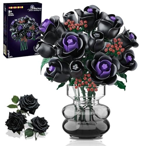 HOGOKIDS Flowers Bouquet Building Set 15 Black Roses Botanical Collection Building Blocks Artificial Flower Toy 330PCS Gothic Home Decors Easter Gift for Her Girlfriend Wife Adults Teens Kids 8