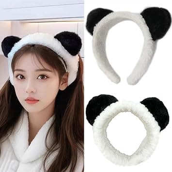 Panda Ears Headband and Hair Hoop Sets Cute Coral Fleece Elastic Hairband Washing Face Spa Mask Hair Wraps Beauty Skincare Animal Headband for Girls Women