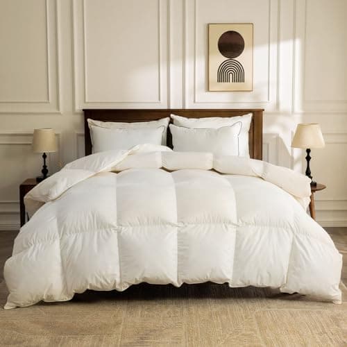 BPC Organic Feather Down Comforter California King, Hotel-Luxury Fluffy Duvet Insert with 100% Cotton Cover and Puffy Feather Down Filling for All-Season, Ivory White, 104x96 Inches