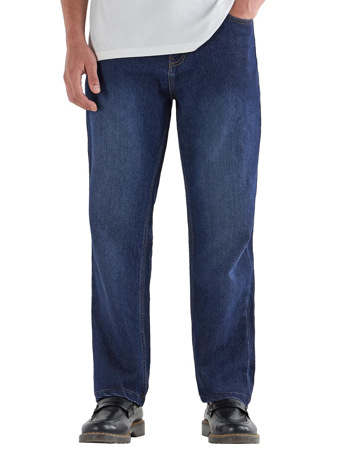 Bewakoof Men's Solid Regular Fit Cotton Elastane Blend Jeans_662621_Blue_30