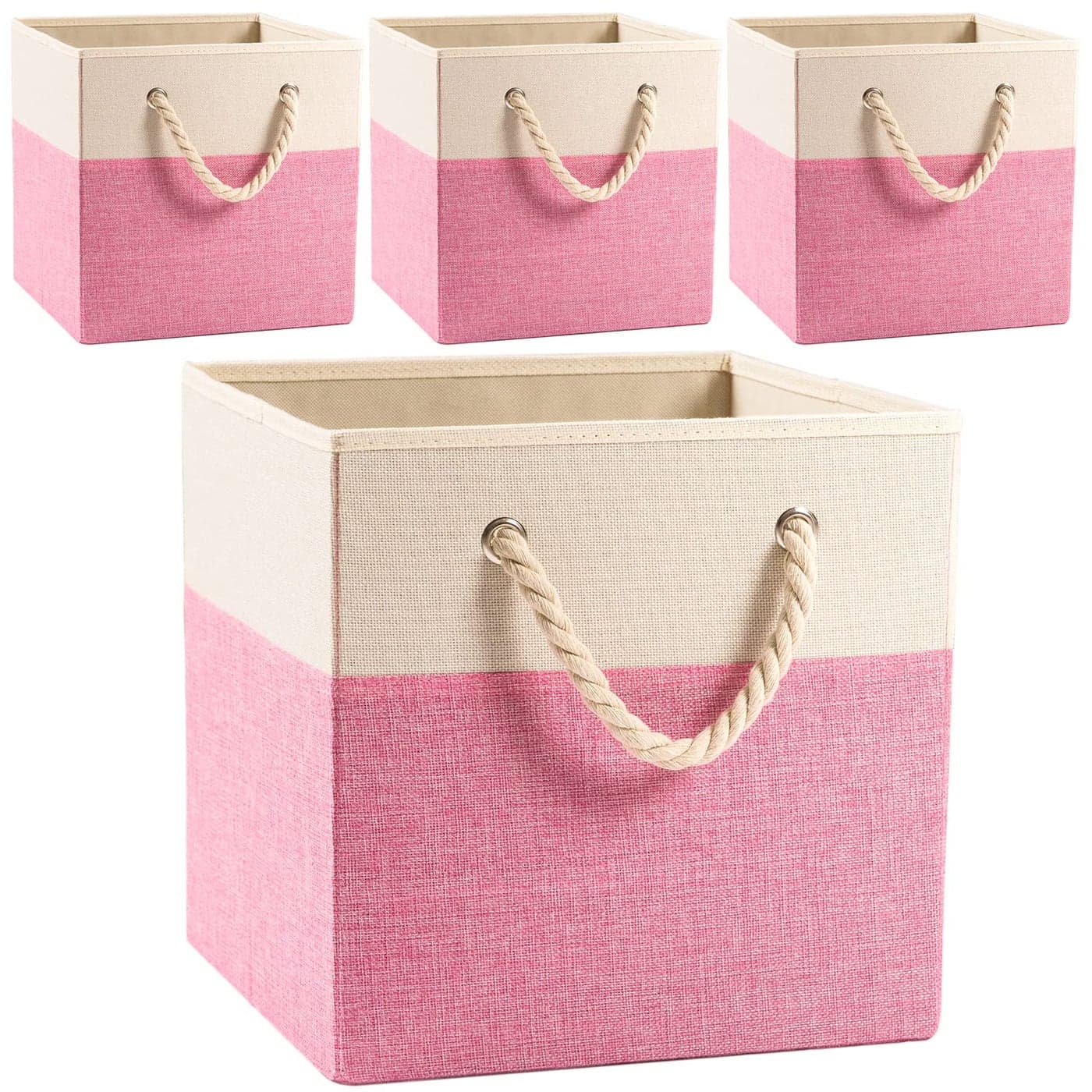 PRANDOM Large Foldable Cube Storage Bins 13x13 inch 4Pack Fabric Linen Storage Baskets Cubes Drawer with Cotton Handles Organizer for Shelves Nursery Closet Bedroom Pink