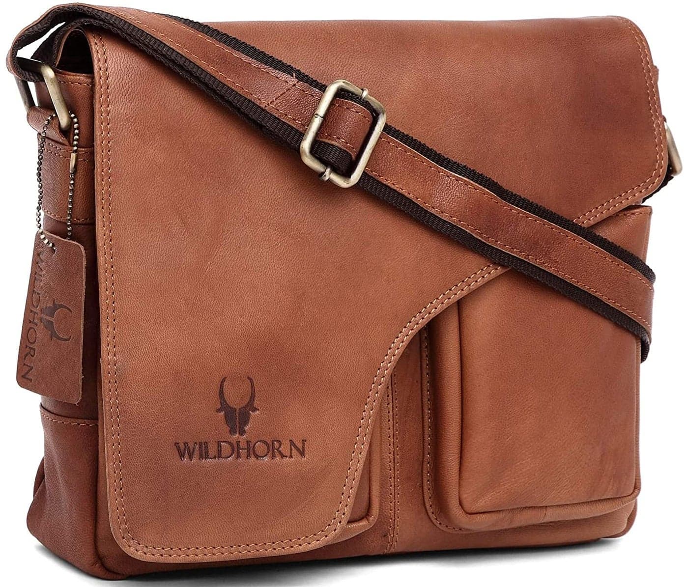 WildHorn Genuine Leather Messenger Bag for Men | Compact, Stylish & Durable | Flap Closure | Adjustable Strap | 1-Year Warranty