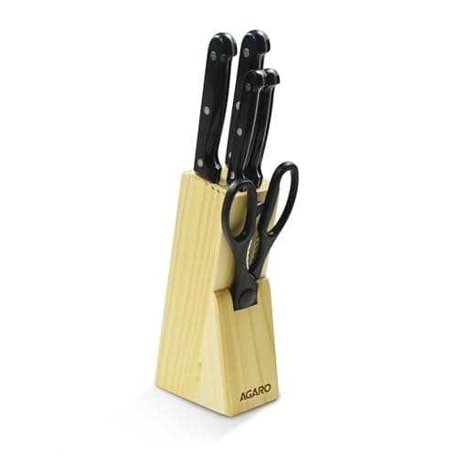 AGARO Galaxy 6 Pcs Kitchen Knife Set, 4 Knives, 1 Scissor, 1 Wooden Case, High Carbon Stainless Steel, Non-Slip Triple Rivet Strong Handle, Cooking, Cutting, Slicing, Home & Restaurant Use, Silver