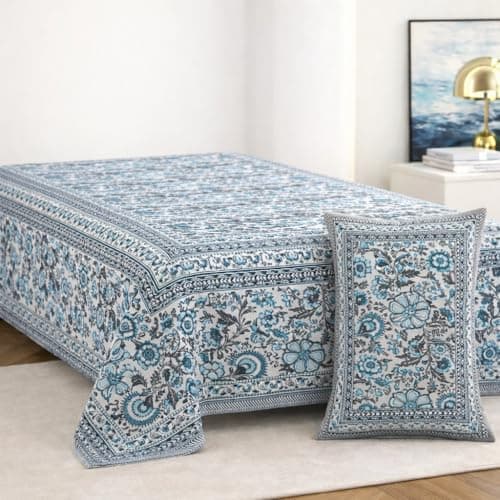 elanorhomes 100% Cotton 240 TC Single Bed Sheet Set | Floral Hand Printed Bedsheet with Pillow Cover | Soft Breathable Fabric for Bedroom | 60x90 Inches (Bachelor Fulwari Print)