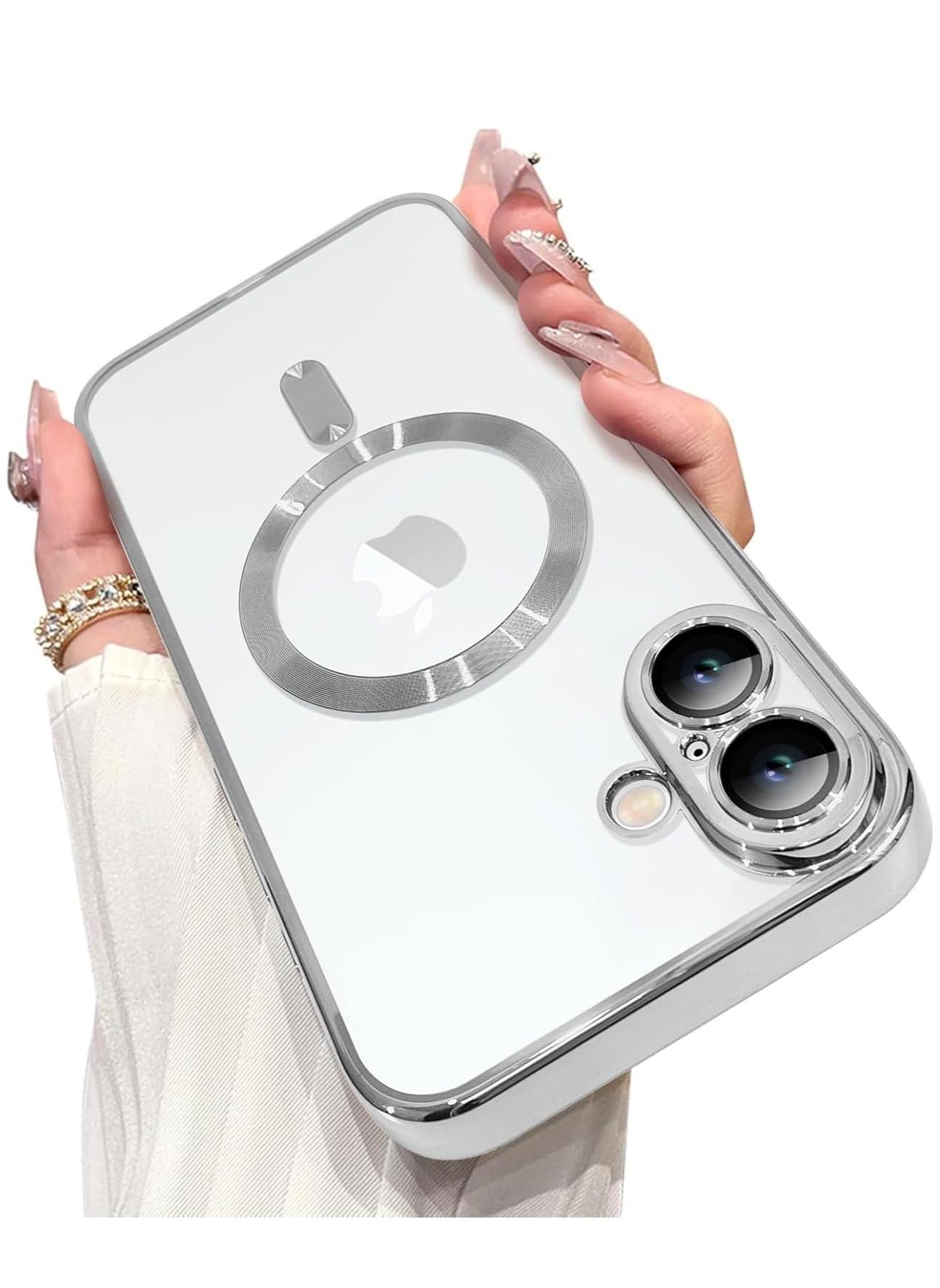 iPhone 16 Plus Magnetic Case with Built-in Camera Lens Protector – MagSafe Compatible, Soft TPU Anti-Scratch Shockproof Slim Clear Cover for Men & Women, Silver