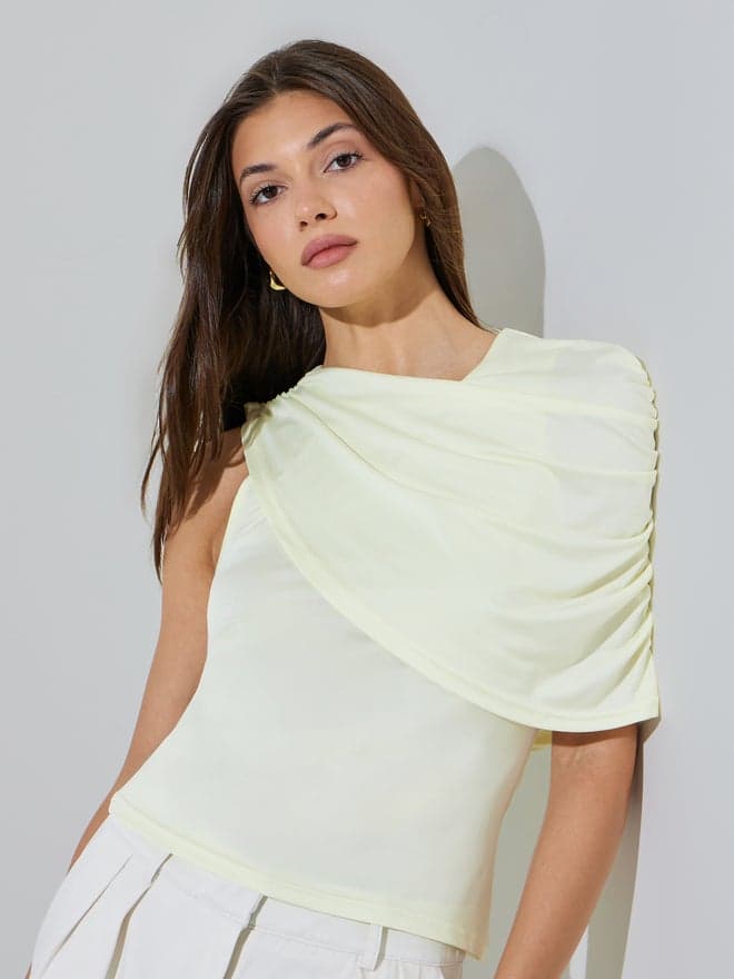 Styli Yellow One-Shoulder Ruched Knit Top