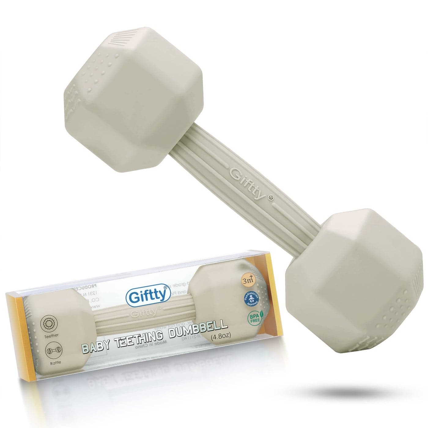 Giftty Baby Dumbbell Toy Silicone Infant Rattle Teething Toy Teether Toddler Sensory Toy Durable Safe Exercises Workout Weight Great Gift for Girls and Boys 1pcs 48oz Cream