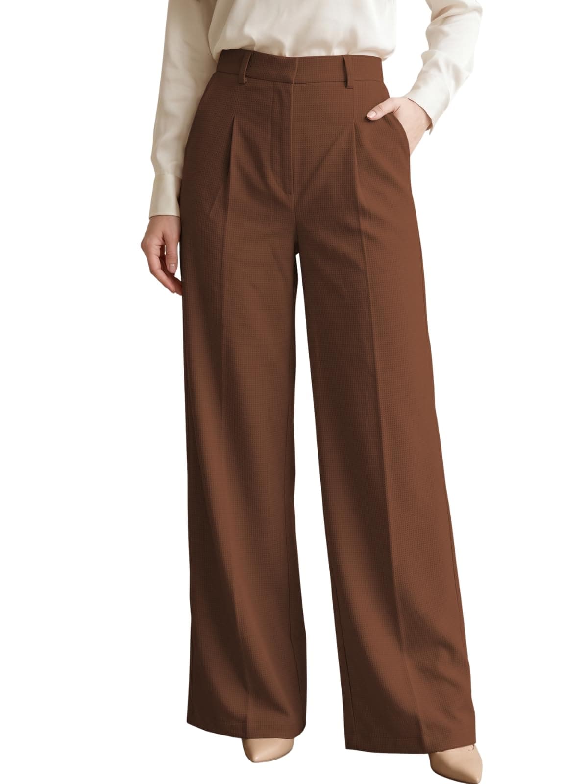 GRECIILOOKS High Waist Cotton Trousers for Women – Flared Parachute Pants with Side Pockets | Casual Travel Cargo Pants Dark Brown