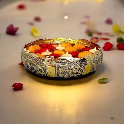 Extreme Karigari Decorative Embossed Urli Bowl | Aluminium Urli Pot for Floating Flowers and Tea Light Candles Home Office Table Decor Diwali Decoration Items (Brass Antique, Small (10 inch))