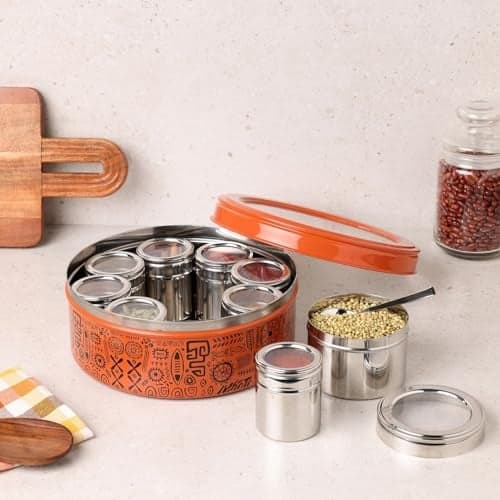 dudki 9 in 1 Herbs & Spice | Spice Box | Stainless Steel Handcrafted Spice Box | Stylish Masala Dani for gift | See through lid 9 containers and Spoons | Orange Rust (2.5 Ltr | X-Large | 22.5cm)