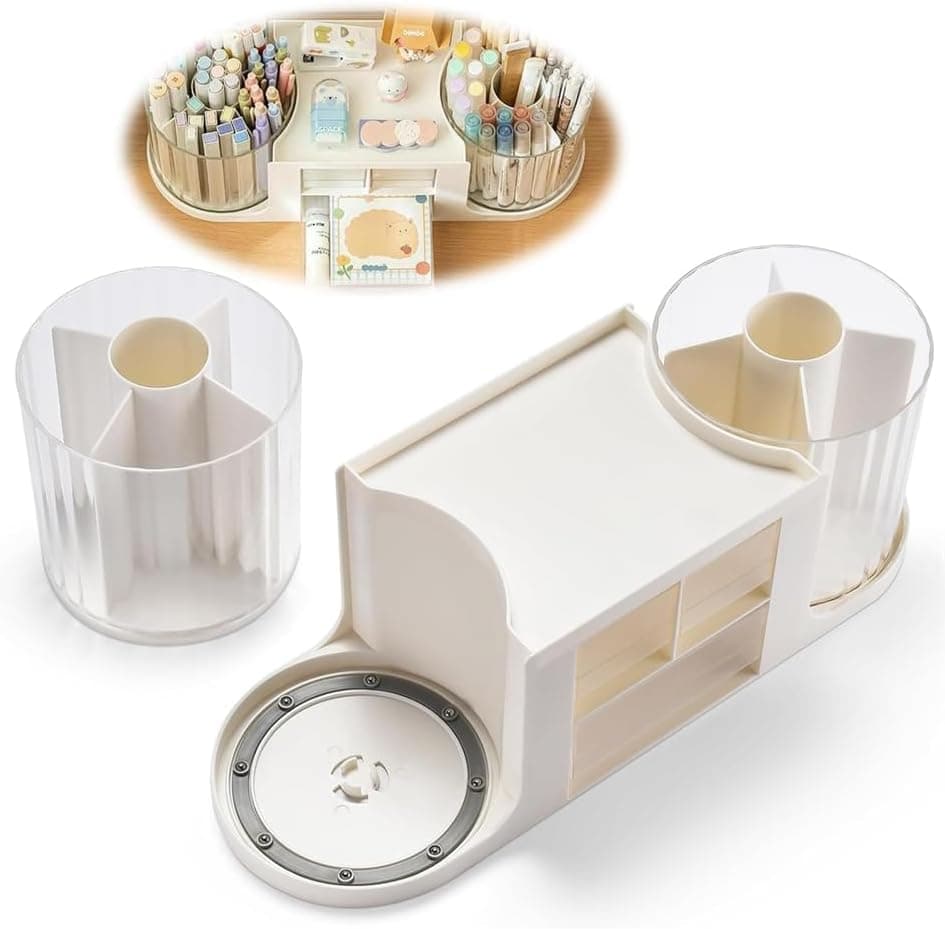 Rotating Desk Organizer, Desktop stationery storage with 2 Pen Holders, 10-Slot Pencil Holder + 3 Drawers, Art Supply Storage Box Caddy for Office, School, and Home, White