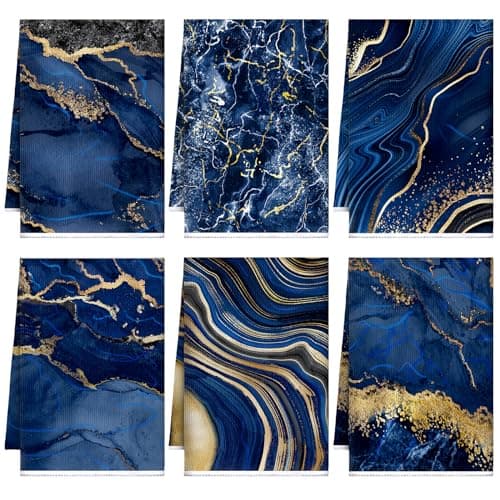 Boyiee 6 Pcs Marble Hand Towels Blue and Gold Towels Navy Blue Kitchen Towel Modern Gifts Absorbent Soft Decorative Dish Cloths Tea Towel Set Kitchen Decor Ocean Gift for Holiday Farmhouse Bathroom