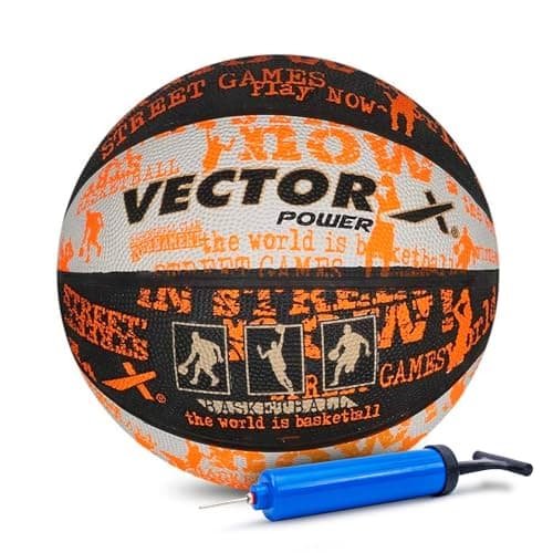 Vector X Power Rubber Moulded Indoor/Outdoor Basketball with Butyl Bladder, Black-White-Orange, Size: 7 (Suitable for Practice/Match/Training) + Free Air Needle