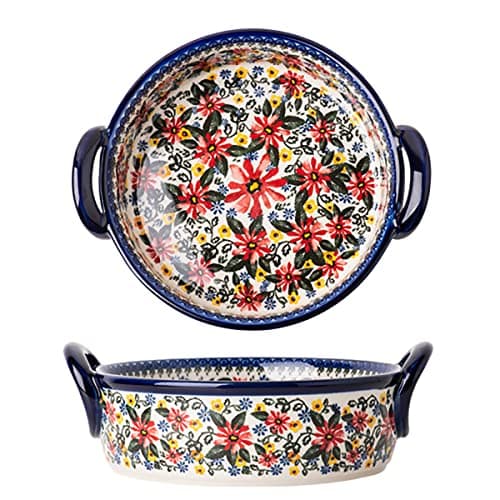 Bicuzat Red Daisy Flower Vintage Style Ceramic Bakeware Casserole Dish Baking Pan Lasagna Pans Baking Dish with Handles for Oven/Cooking/Kitchen-1 PCS, 32 OZ
