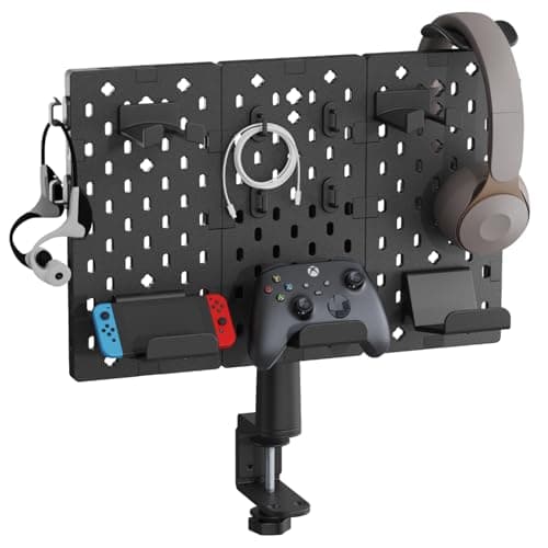 PEGZONE Modular Headphone and Controller Holder for Game, Clamp-on Pegboard, Rotatable Controller Stand with Cable Hooks, Gaming Accessory for Xbox PS5 PS4 Nintendo Switch, 3Pcs Pegboard, Black