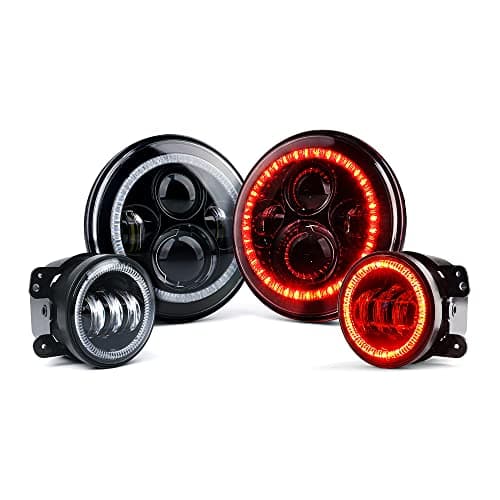 Xprite 7" 90W LED Headlights & 4 inch 60W Fog Lights Combo w/Red Halo Compatible with 2007-2018 Jeep Wrangler JK, DOT Approved