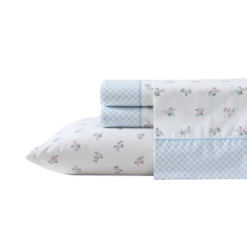 Laura Ashley - Full Sheet Set, Breathable Percale Cotton Bedding, 200 Thread Count, Floral Home Decor (Multi Color, Full)