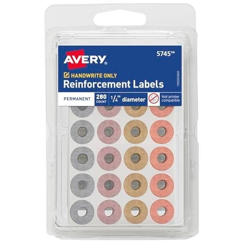 Avery Reinforcement Labels, 1/4" Diameter, Permanent Adhesive, Assorted Metallic Colors, Non-Printable, 280 Page Reinforcement Stickers (5745)