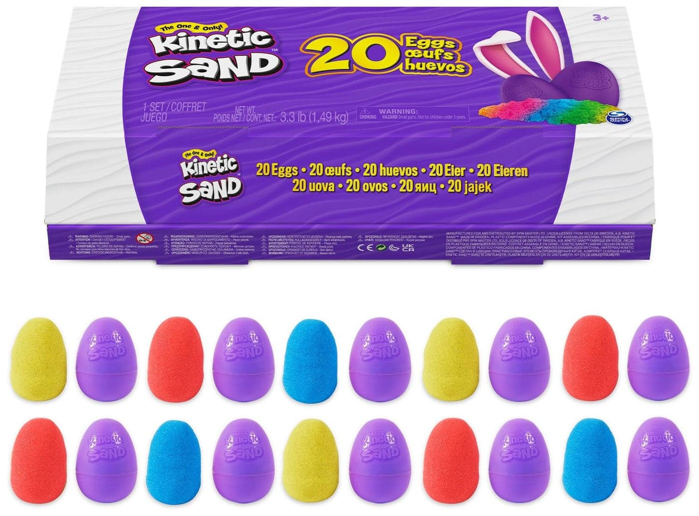 Kinetic Sand, 20-Pack Eggs with 3.3lbs Red, Yellow & Blue Play Sand for Egg Hunts, Party Favors & Goodie Bags, Sensory Toys for Kids Ages 3 and up