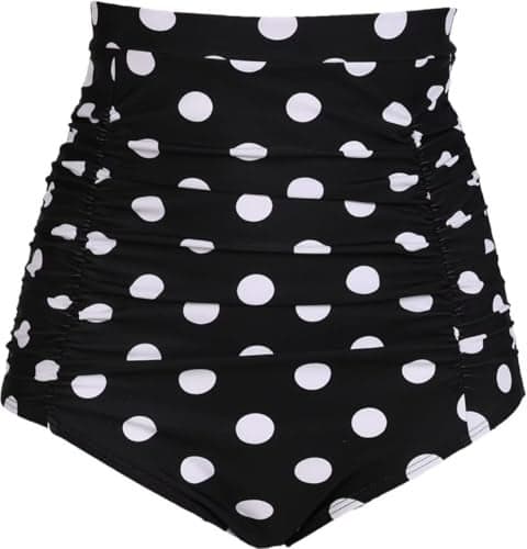 COCOPEAR Women's Ruched High Waisted Bikini Bottom Retro Vintage Swim Short Tankinis Polka Dot Black XL/12-14