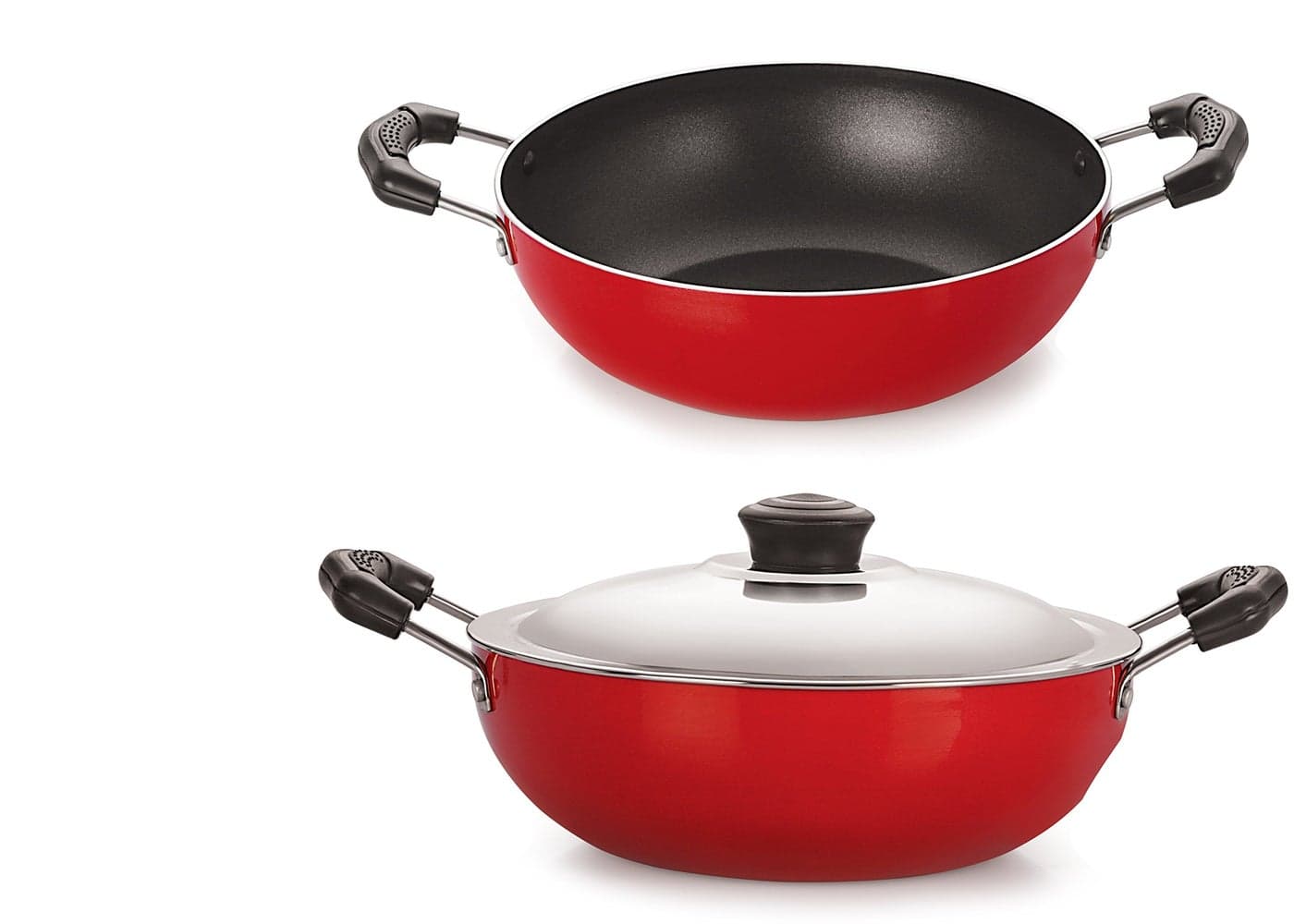 Aluminium Non-Stick Red & Black Kadai Set, Deep Kadai Medium with Stainless Steel 2.2L & Kadai 1.5L Without Lid, Healthy Cooking, Best Price Offer.