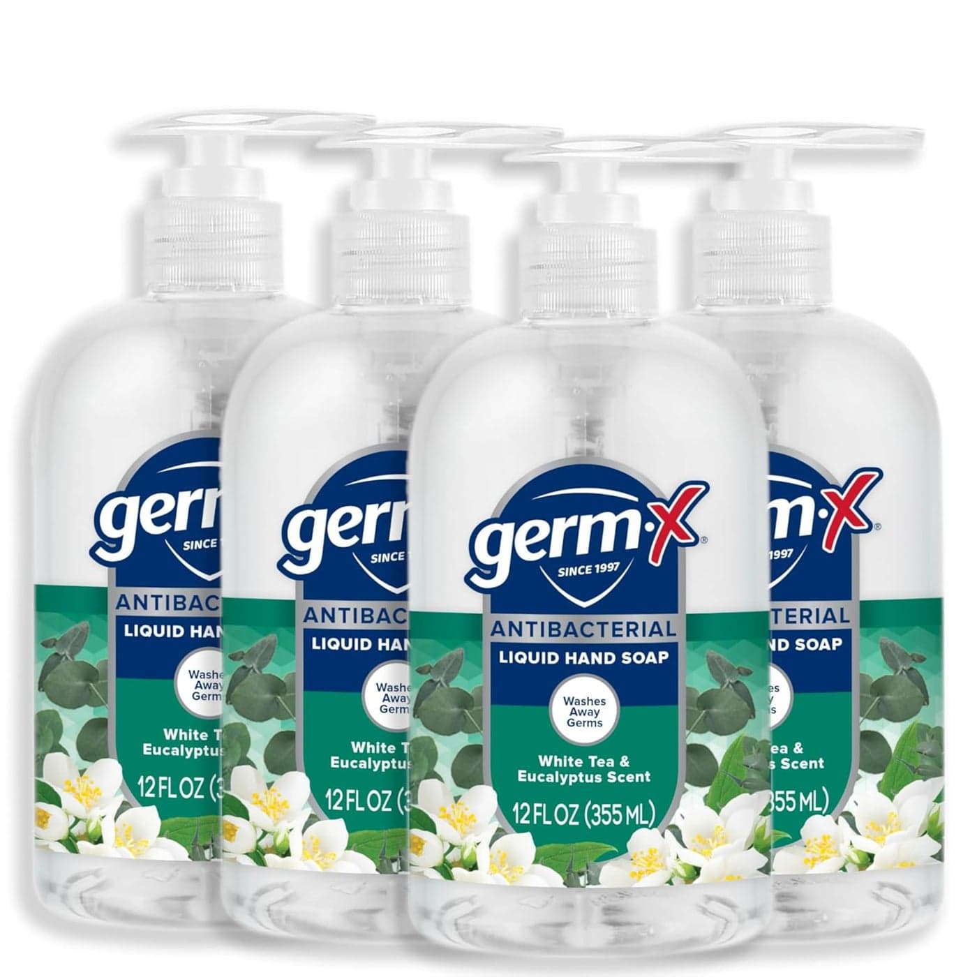 GermX Antibacterial Hand Soap Moisturizing Liquid Hand Wash for Kitchen or Bathroom pH Balanced Dermatologist Tested White Tea Eucalyptus 12 oz Pump Bottle Pack of 4