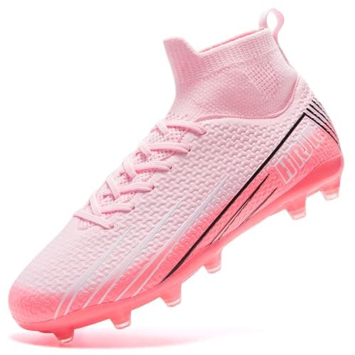 HRJR Mens Soccer Cleats Football Cleats for UnisexAdult HighTop Spikes Shoes for Youth Lightweight Professional Training Turf Outdoor Athletic Sneaker Big Boys Pink 65