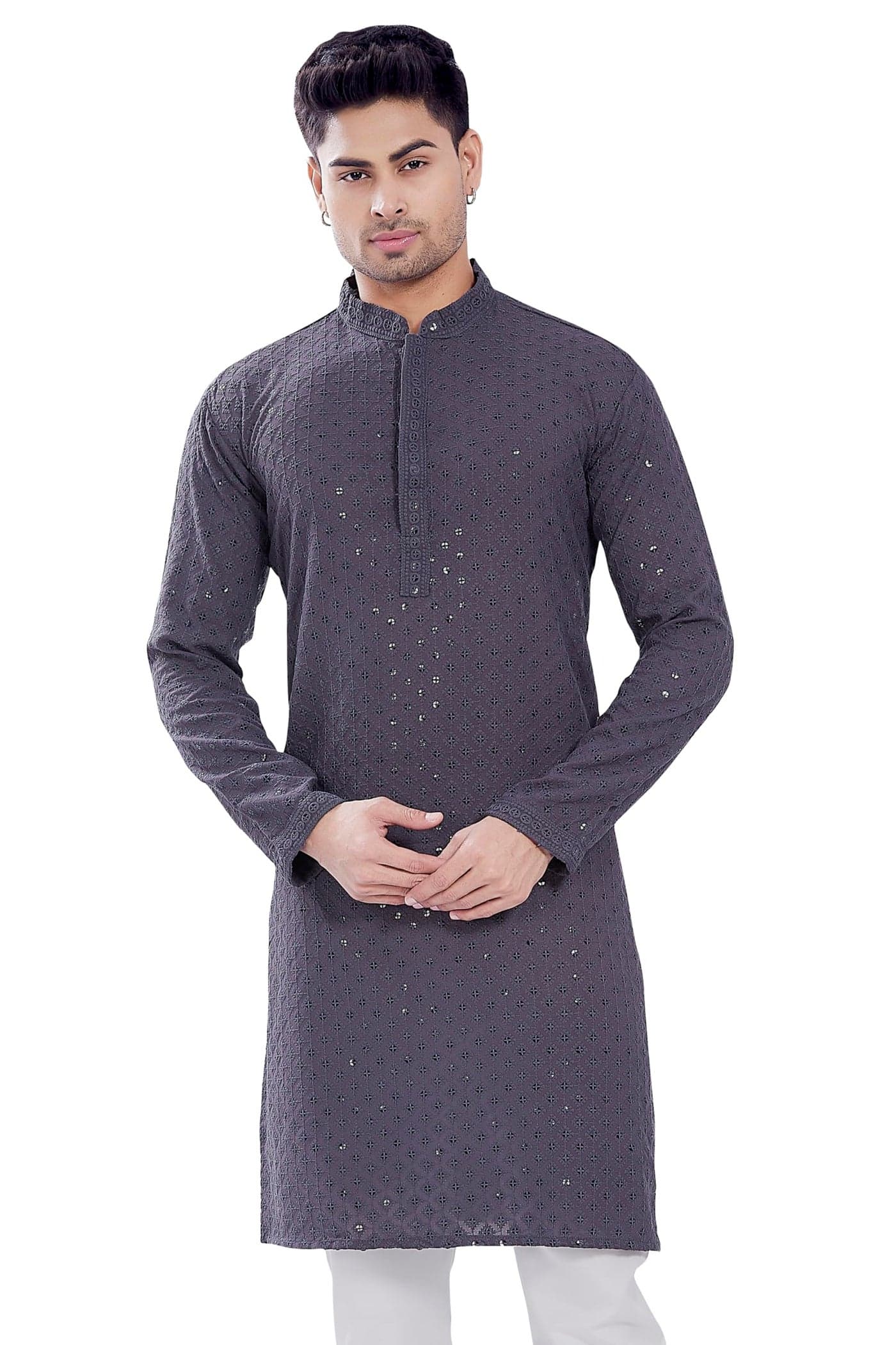 DIVISIVE Men's Sequince Embroidered Cotton Blend Only Slim Fit Kurta (DKRT677_L_Grey)