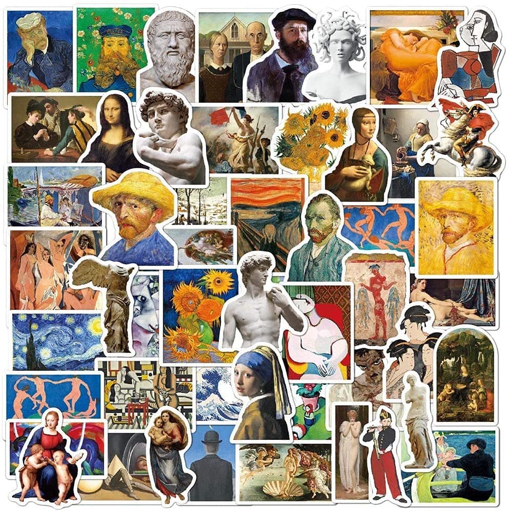 iDream Painting Art Van Gogh Monalisa Waterproof Vinyl DIY Stickers (Set of 50) – 3 to 8 cm, Artistic Decorative Stickers for Mobile, Laptops, Scrapbooks & More