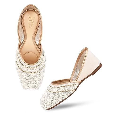 JM LOOKS Stylish Embroidered Jutti for Women/Girls | Embellished Stone Work Jutti | Wedding Bellies | Women Ethnic Shoe Traditional Mojari | Kolhapuri/Jaipuri/Punjabi Jutties | (White, 40)