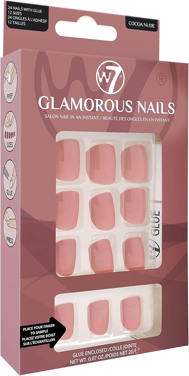 W7 Glamorous Nails Salon Professional False Nails At Home Glue Adhesive Included Square Oval Shape Cocoa Nude