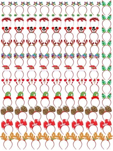 96 Pcs Christmas Headbands Christmas Costume Headband Santa Christmas Tree Snowman Colorful Stars Reindeer Antler Headwears for Christmas Hair Accessories Photos Booth Christmas Party Supplies