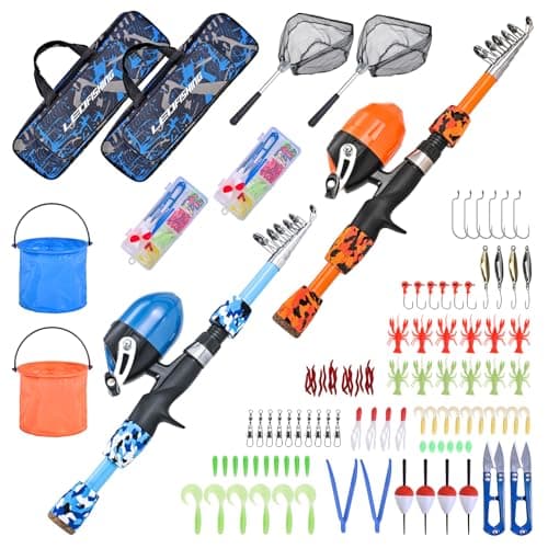 LEOFISHING 2 Set Kids Fishing Pole Set with Full Starter Kits Portable Telescopic Fishing Rod and Reel Cambos with All The Necessary Fishing Kits for Boys Girls and Youth 2set Blue Orange