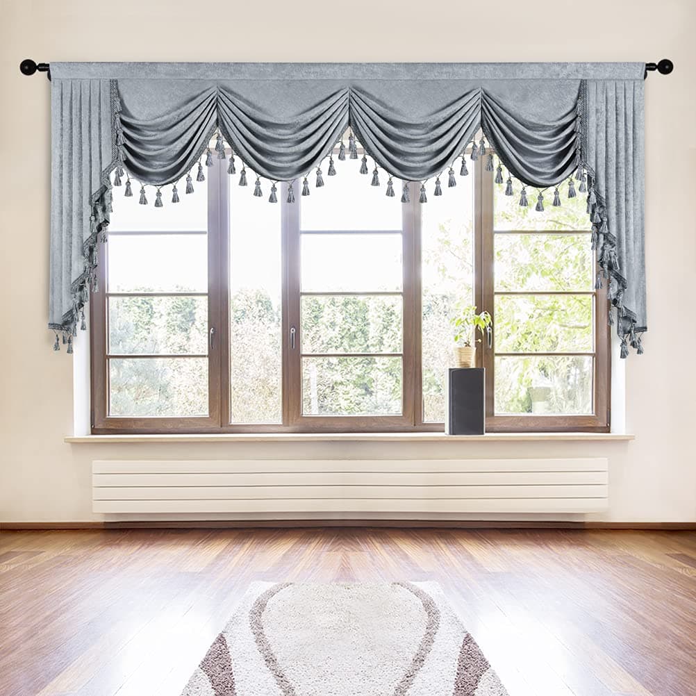 ELKCA Thick Chenille Window Curtains Valance for Living Room Silver Grey Waterfall Valance for BedroomRod Pocket W110inch 1 Panel