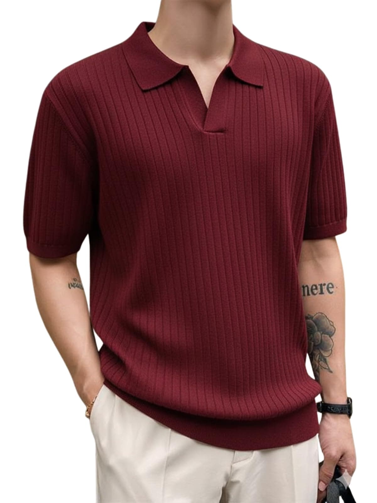 Veirdo® Men’s Casual Ribbed Polo Collar Knit T-Shirt | Slim Fit Short Sleeve Polo for Men | Flat Knit Textured T-Shirt Perfect for Office, Party, Travel (Polo_FK6_WN_L) Wine
