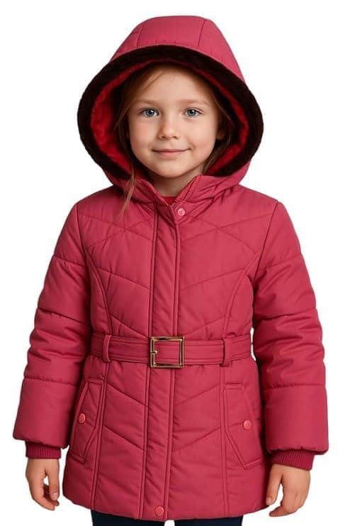Krystle Girls’ Hooded Winter Jacket – Warm Quilted Puffer Coat with Belt, Water-Resistant Outerwear for Cold Weather (Pink,4-5 Years)