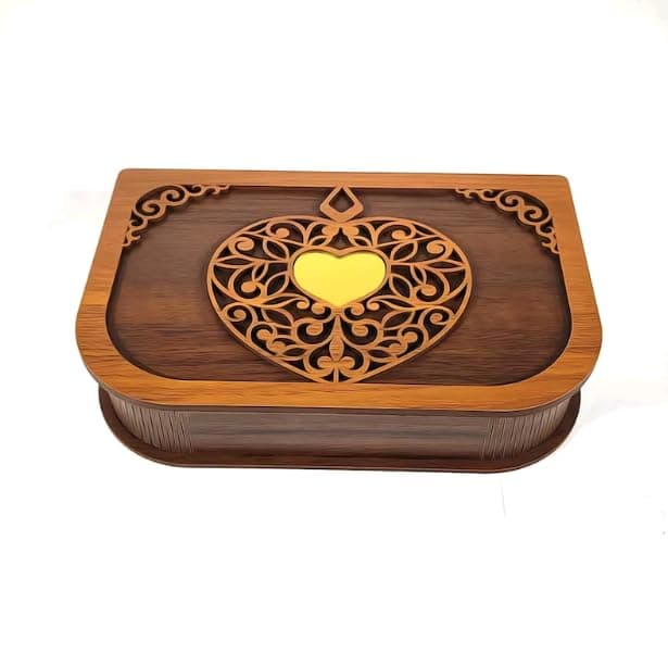 MeeCraft Decorative Wooden Box Heart Design Floral Pattern Case Multipurpose Storage 23x15x5cm Brown