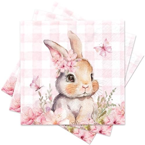 369Decor 50PCS Cute Pink Bunny Paper Napkins, 3-Ply, 6.5 x 6.5 Inch, Disposable Rabbit Cocktail Napkins for Easter, Decoupage, Spring Holiday, Dinner Party, Birthday Party Decorations