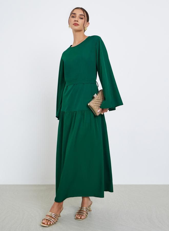 Green Solid Bell Sleeve A-Line Midi Dress