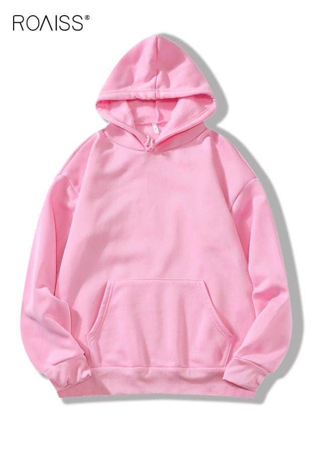 Men's Pink Oversized Streetwear Pullover Hoodie - Drawstring Hooded Drop Shoulder Long Sleeve with Pocket, Casual Spring Fall Comfort Fit Sweatshirt in Solid Color