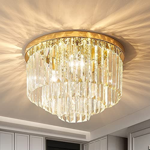 Gopmmy Modern French Gold Crystal Chandelier Ceiling Light,16" Semi Flush Mount 5-Lights 3-Tier Crystal Round Chandelier Light for Bedroom Living Room