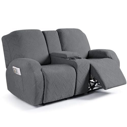 Ruaozz Loveseat Recliner Covers with Console, 4-Pieces Recliner Sofa Covers Stretch Jacquard Reclining Couch Covers with Pockets Furniture Protector with Elastic Straps Bottom (Dark Gray)