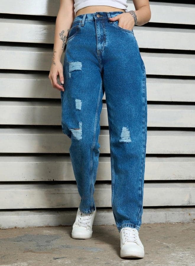 Women's Indigo 100% Cotton Bleached Full Length Slim Fit Jeans