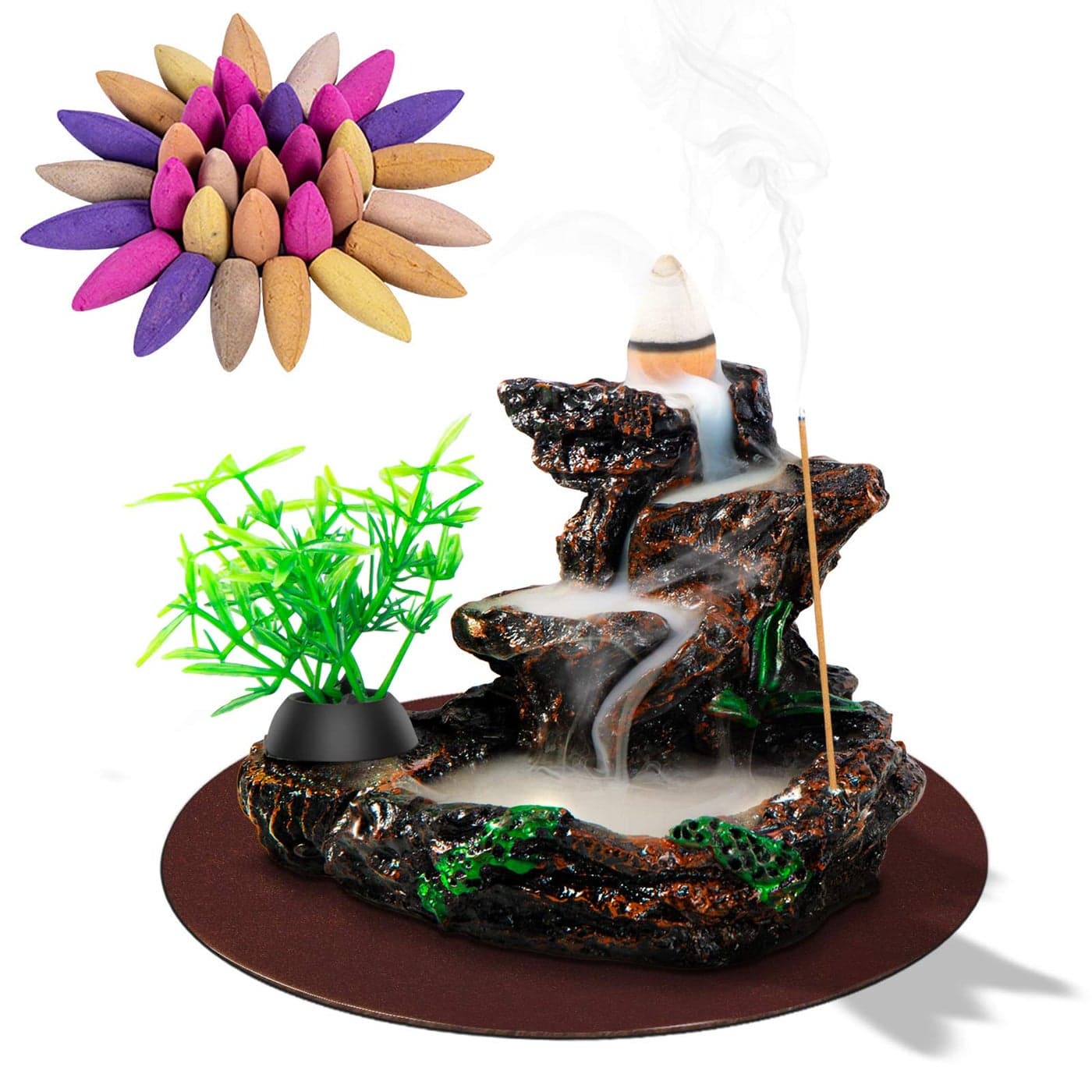 DK177 Incense Holder Waterfall Incense Burner Ceramic Backflow Zen Incense Fountain Machine Diffuser Burner Cone Holder for Spiritual Aromatherapy Gifts Set Home Decor with 20 Cones