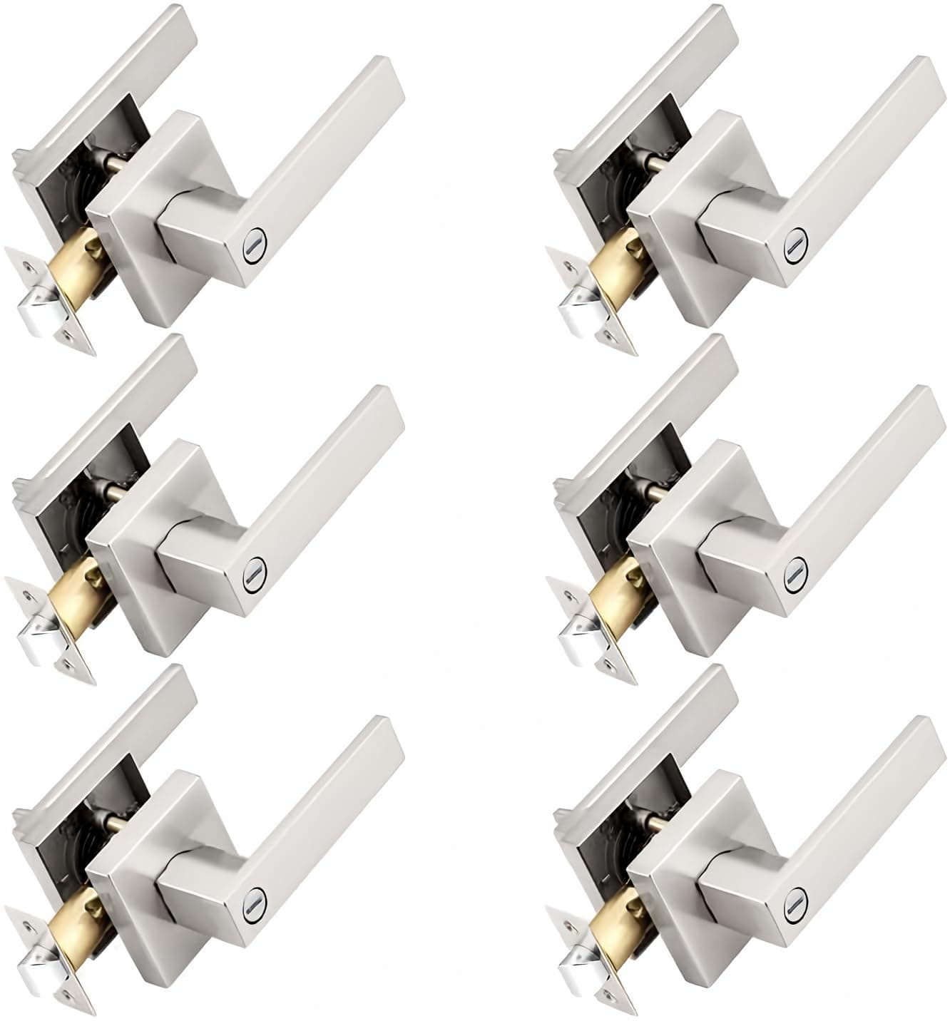 Probrico Interior Brushed Nickel Door Handle Heavy Duty Flat Square Privacy Door Handles Keyless Door Levers Lockset for Bedroom and Bathroom 6 Pack Modern