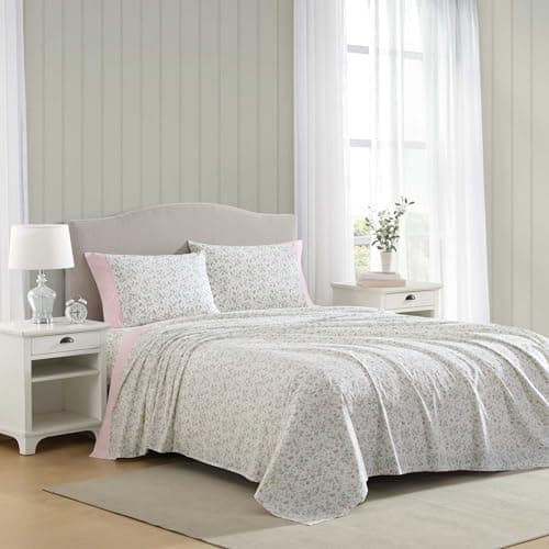Laura Ashley Queen Size Sheet Set Crisp Lightweight Cotton Percale Bedding with Fitted Sheet and Pillowcases Floral Room Decor Deep Pocket College Dorm Room Essentials Bonnie Pink