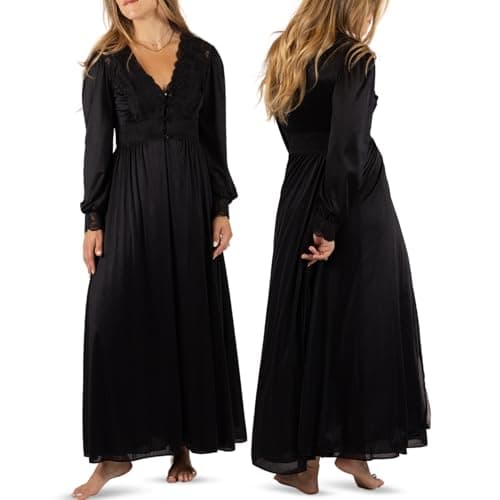 Shadowline Women’s Black Long Lace Bodice Button Down Robe | (Large), 54” Length Robe | Elegant Sleepwear Crafted from Lightly-Shimmering Satintrique Nylon and Soft Stretch lace.