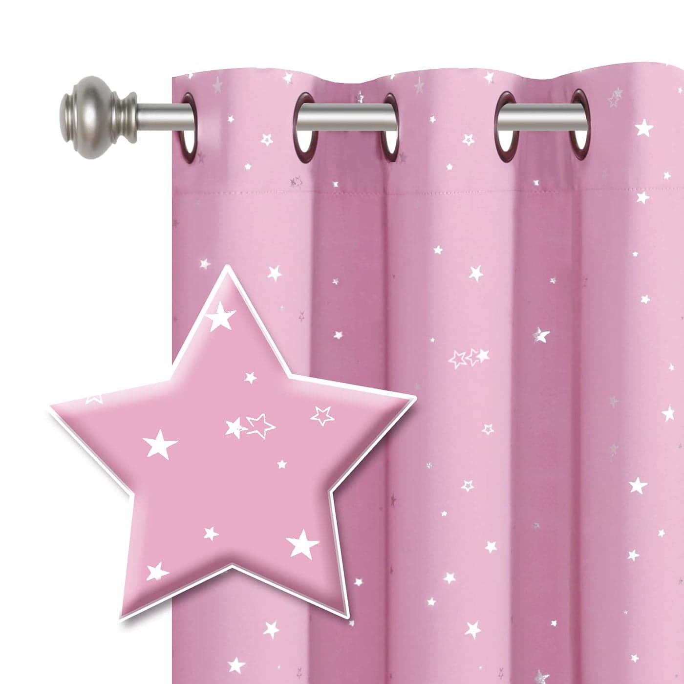 HVERSAILTEX Blackout Star Curtains for Kids Room Boys Girls Twinkle Silver Stars Thermal Insulated Cute Thick Soft Curtain Drapes Grommet Top 1 Panel 40 W x 63 L Pink