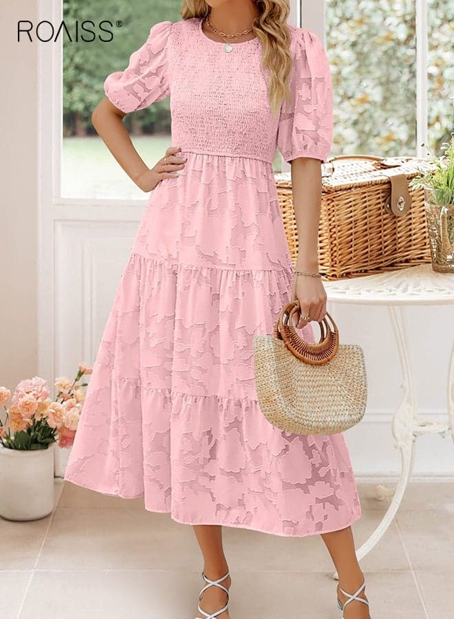 Women Midi Dress with Lace Design, Round Neck Puff Sleeve Dress, Stylish Elegant A-Line Dress, Retro High Waist Frock for Ladies, Perfect for Daily Wear or Any Occasion