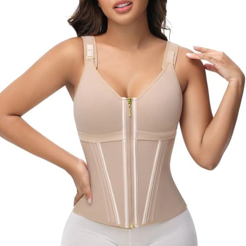 SHAPSHE Waist Trainer for Women Corset Shapewear Belt Sport Workout Body Shaper Vest for Postpartum Gym Zipper and Hooks Tan L